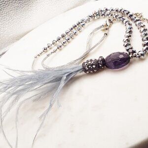 CHICOS FLAPPER HEMATITE & AMETHYST CRYSTAL BEADS OSTRICH FEATHERS NECKLACE D